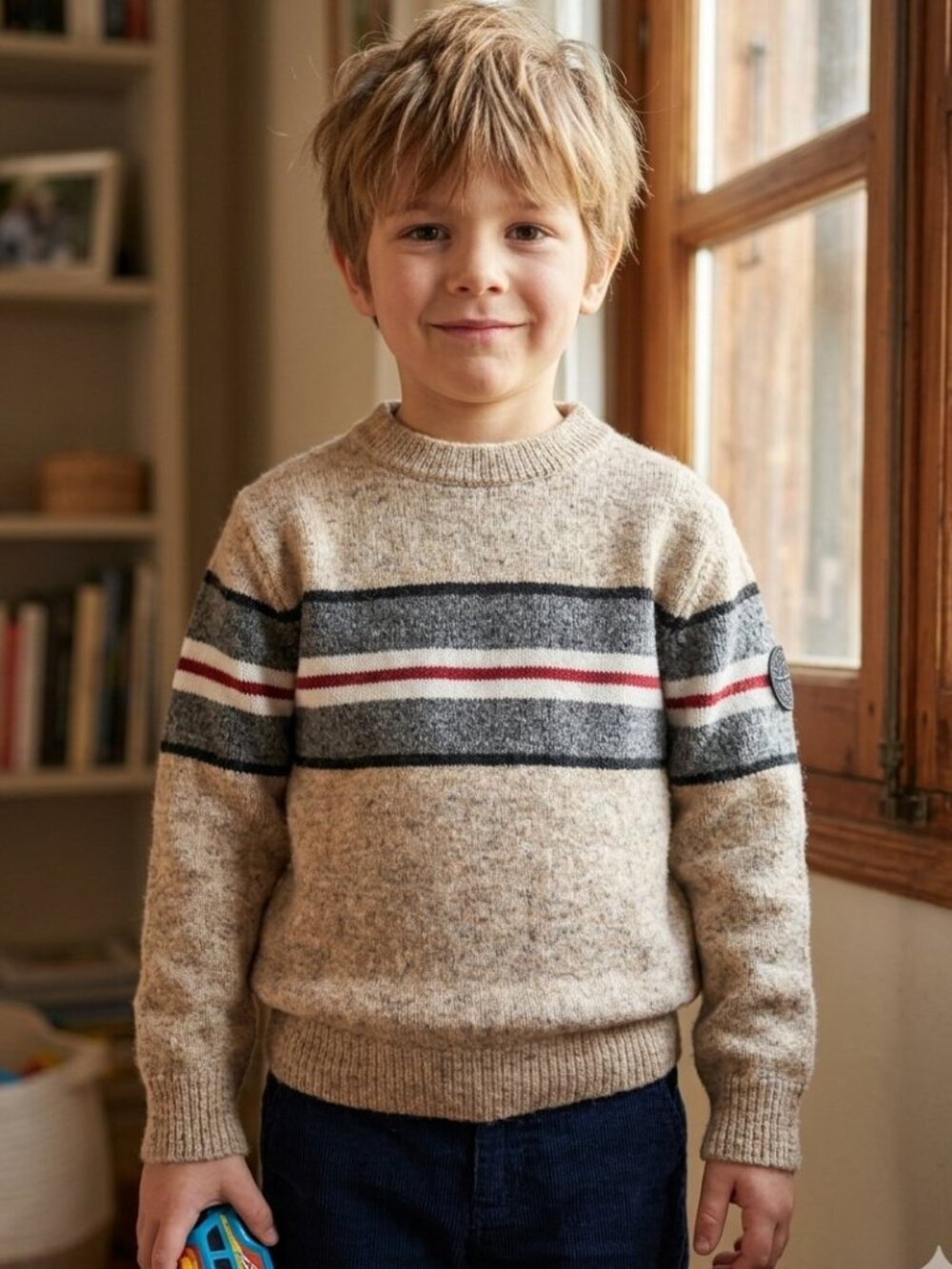 Mayoral Boys Striped Knit Sweater Size 6 Almond Gray White Red